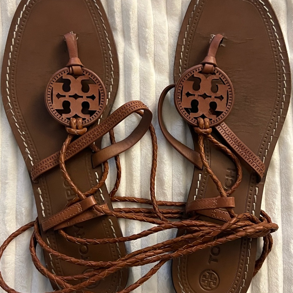 Tory Burch Brown Leather Lace-Up Sandals